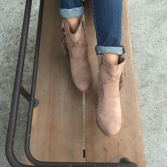 TAUPE FAUX SUEDE FRINGE BOOTS - Picture 3 of 6